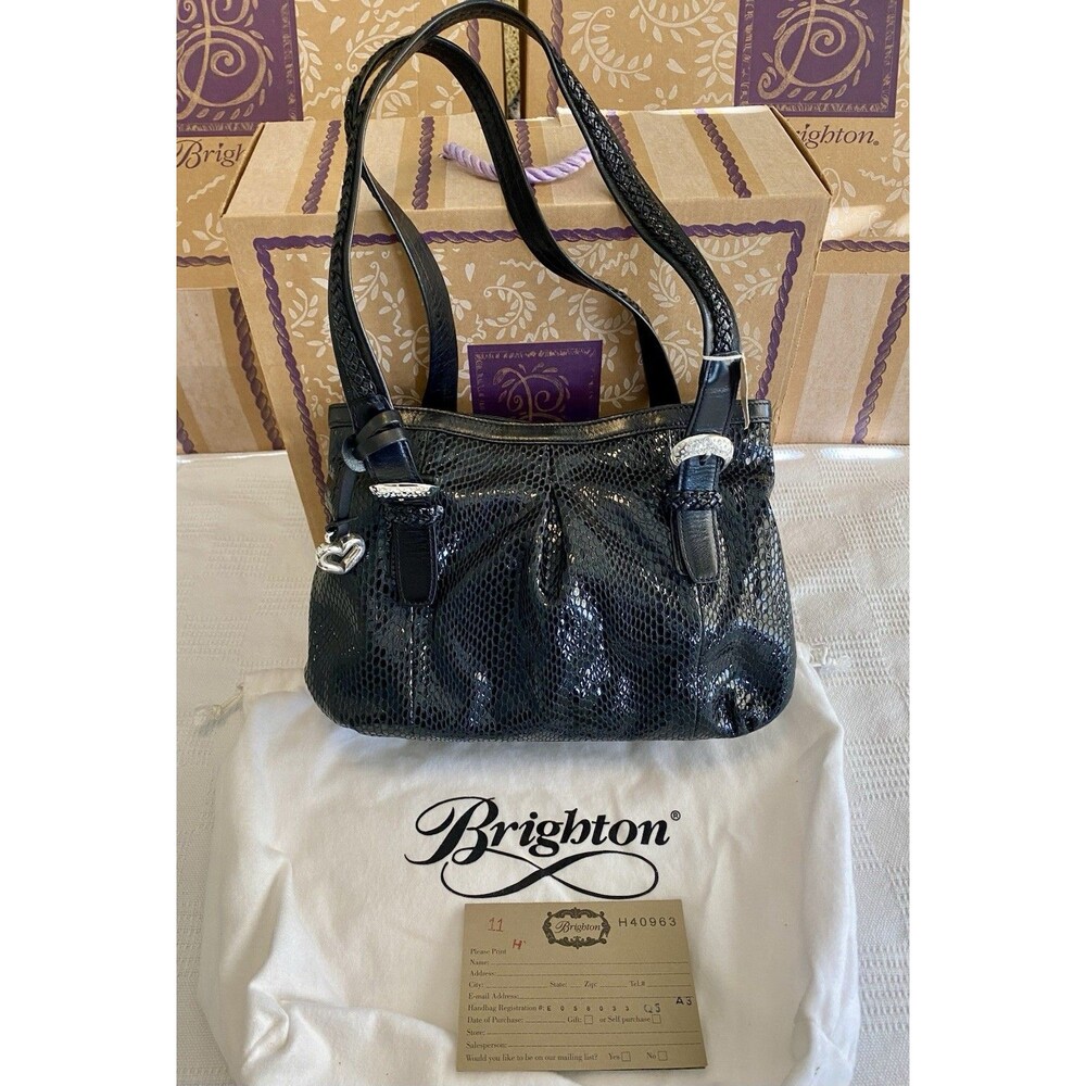 Black Patent Snake Embossed Leather Brighton GLITTER BLK Bag H40963 W/ Charm,Box